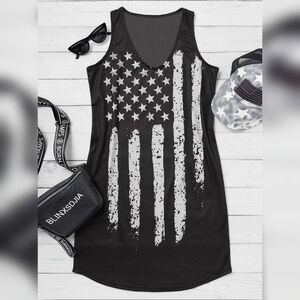NEW Live Simple American Flag Mini Tank Dress Black V Neck Size Medium Patriotic